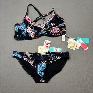 NWT Seafolly Water Garden DD Cup Bralette & Ruched Side Retro Pant, US 10 Black